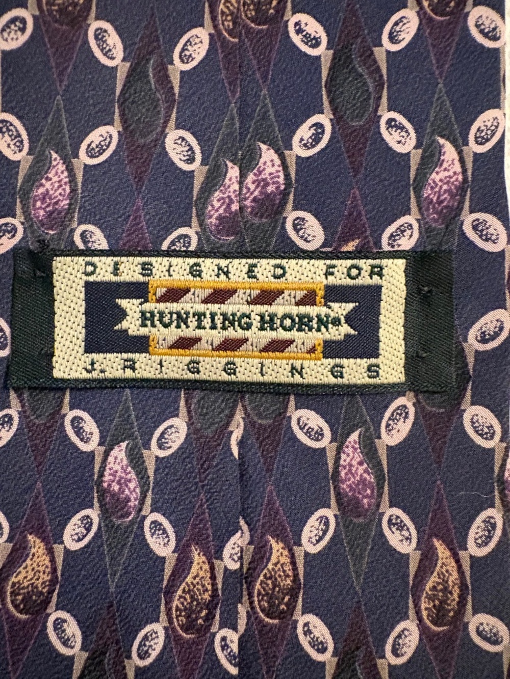Vintage J. Riggings Hunting Horn 100% Silk Geometric Paisley Necktie